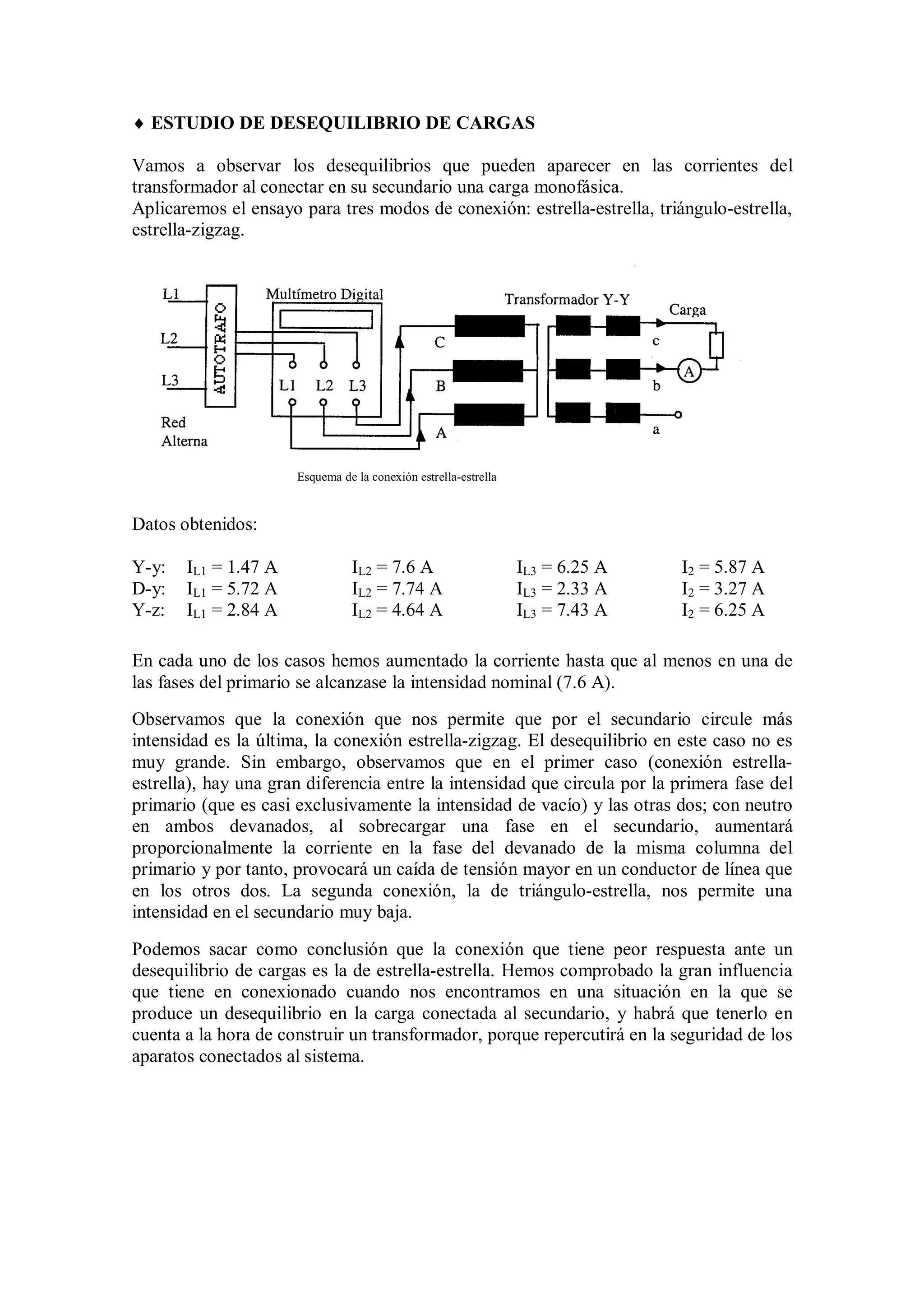 ESTUDIO DE DESEQUILIBRIO DE CARGAS

Vamos a observar los desequilibrios que pueden aparecer en las corrientes del
transformador al conectar en su secundario una carga monofásica.
Aplicaremos el ensayo para tres modos de conexión: estrella-estrella, triángulo-estrella,
estrella-zigzag.




                      Esquema de la conexión estrella-estrella


Datos obtenidos:

Y-y:   IL1 = 1.47 A             IL2 = 7.6 A                      IL3 = 6.25 A   I2 = 5.87 A
D-y:   IL1 = 5.72 A             IL2 = 7.74 A                     IL3 = 2.33 A   I2 = 3.27 A
Y-z:   IL1 = 2.84 A             IL2 = 4.64 A                     IL3 = 7.43 A   I2 = 6.25 A

En cada uno de los casos hemos aumentado la corriente hasta que al menos en una de
las fases del primario se alcanzase la intensidad nominal (7.6 A).
Observamos que la conexión que nos permite que por el secundario circule más
intensidad es la última, la conexión estrella-zigzag. El desequilibrio en este caso no es
muy grande. Sin embargo, observamos que en el primer caso (conexión estrella-
estrella), hay una gran diferencia entre la intensidad que circula por la primera fase del
primario (que es casi exclusivamente la intensidad de vacío) y las otras dos; con neutro
en ambos devanados, al sobrecargar una fase en el secundario, aumentará
proporcionalmente la corriente en la fase del devanado de la misma columna del
primario y por tanto, provocará un caída de tensión mayor en un conductor de línea que
en los otros dos. La segunda conexión, la de triángulo-estrella, nos permite una
intensidad en el secundario muy baja.

Podemos sacar como conclusión que la conexión que tiene peor respuesta ante un
desequilibrio de cargas es la de estrella-estrella. Hemos comprobado la gran influencia
que tiene en conexionado cuando nos encontramos en una situación en la que se
produce un desequilibrio en la carga conectada al secundario, y habrá que tenerlo en
cuenta a la hora de construir un transformador, porque repercutirá en la seguridad de los
aparatos conectados al sistema.
 