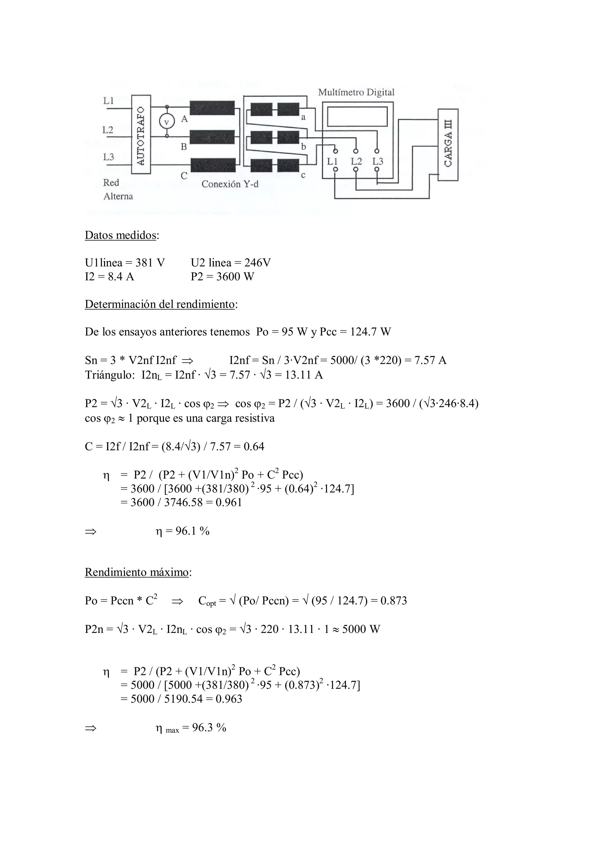 Datos medidos:

U1linea = 381 V       U2 linea = 246V
I2 = 8.4 A            P2 = 3600 W

Determinación del rendimiento:

De los ensayos anteriores tenemos Po = 95 W y Pcc = 124.7 W

Sn = 3 * V2nf I2nf           I2nf = Sn / 3·V2nf = 5000/ (3 *220) = 7.57 A
Triángulo: I2nL = I2nf · 3 = 7.57 · 3 = 13.11 A

P2 = 3 · V2L · I2L · cos 2  cos 2 = P2 / (3 · V2L · I2L) = 3600 / (3·246·8.4)
cos 2  1 porque es una carga resistiva

C = I2f / I2nf = (8.4/3) / 7.57 = 0.64

     = P2 / (P2 + (V1/V1n)2 Po + C2 Pcc)
      = 3600 / [3600 +(381/380) 2 ·95 + (0.64)2 ·124.7]
      = 3600 / 3746.58 = 0.961

               = 96.1 %


Rendimiento máximo:

Po = Pccn * C2         Copt =  (Po/ Pccn) =  (95 / 124.7) = 0.873

P2n = 3 · V2L · I2nL · cos 2 = 3 · 220 · 13.11 · 1  5000 W


     = P2 / (P2 + (V1/V1n)2 Po + C2 Pcc)
      = 5000 / [5000 +(381/380) 2 ·95 + (0.873)2 ·124.7]
      = 5000 / 5190.54 = 0.963

               max = 96.3 %
 