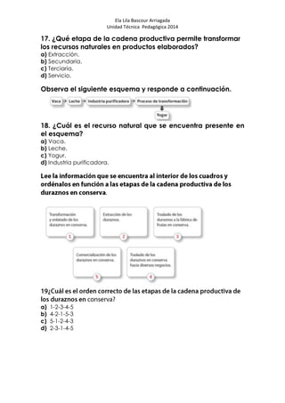Ela Lila Bascour Arriagada
Unidad Técnica Pedagógica 2014
17. ¿Qué etapa de la cadena productiva permite transformar
los recursos naturales en productos elaborados?
a) Extracción.
b) Secundaria.
c) Terciaria.
d) Servicio.
Observa el siguiente esquema y responde a continuación.
18. ¿Cuál es el recurso natural que se encuentra presente en
el esquema?
a) Vaca.
b) Leche.
c) Yogur.
d) Industria purificadora.
a) 1-2-3-4-5
b) 4-2-1-5-3
c) 5-1-2-4-3
d) 2-3-1-4-5
 
