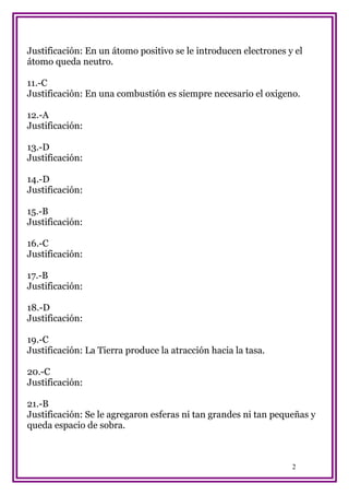 Justificación: En un átomo positivo se le introducen electrones y el
átomo queda neutro.
11.-C
Justificación: En una combustión es siempre necesario el oxigeno.
12.-A
Justificación:
13.-D
Justificación:
14.-D
Justificación:
15.-B
Justificación:
16.-C
Justificación:
17.-B
Justificación:
18.-D
Justificación:
19.-C
Justificación: La Tierra produce la atracción hacia la tasa.
20.-C
Justificación:
21.-B
Justificación: Se le agregaron esferas ni tan grandes ni tan pequeñas y
queda espacio de sobra.

2

 
