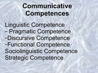 Communicative Competences Linguistic Competence Pragmatic Competence Discursive Competence Functional Competence Sociolinguistic Competence Strategic Competence Communicative Competences 