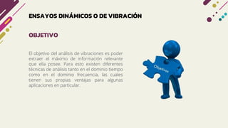 ENSAYOS DINÁMICOS O DE VIBRACIÓN
OBJETIVO
El objetivo del análisis de vibraciones es poder
extraer el máximo de información relevante
que ella posee. Para esto existen diferentes
técnicas de análisis tanto en el dominio tiempo
como en el dominio frecuencia, las cuales
tienen sus propias ventajas para algunas
aplicaciones en particular.
 