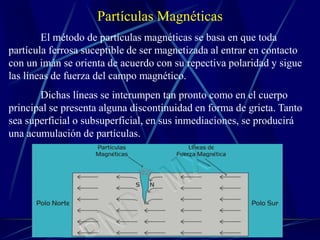 Partículas Magnéticas
El método de partículas magnéticas se basa en que toda
partícula ferrosa suceptible de ser magnetizada al entrar en contacto
con un imán se orienta de acuerdo con su repectiva polaridad y sigue
las líneas de fuerza del campo magnético.
Dichas líneas se interumpen tan pronto como en el cuerpo
principal se presenta alguna discontinuidad en forma de grieta. Tanto
sea superficial o subsuperficial, en sus inmediaciones, se producirá
una acumulación de partículas.
 