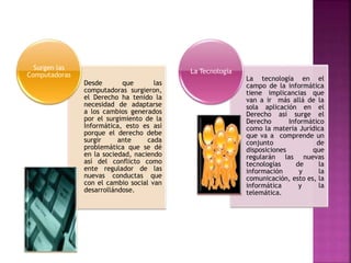 Desde que las
computadoras surgieron,
el Derecho ha tenido la
necesidad de adaptarse
a los cambios generados
por el surgimiento de la
Informática, esto es así
porque el derecho debe
surgir ante cada
problemática que se dé
en la sociedad, naciendo
así del conflicto como
ente regulador de las
nuevas conductas que
con el cambio social van
desarrollándose.
Surgen las
Computadoras
La tecnología en el
campo de la informática
tiene implicancias que
van a ir más allá de la
sola aplicación en el
Derecho así surge el
Derecho Informático
como la materia Jurídica
que va a comprende un
conjunto de
disposiciones que
regularán las nuevas
tecnologías de la
información y la
comunicación, esto es, la
informática y la
telemática.
La Tecnología
 