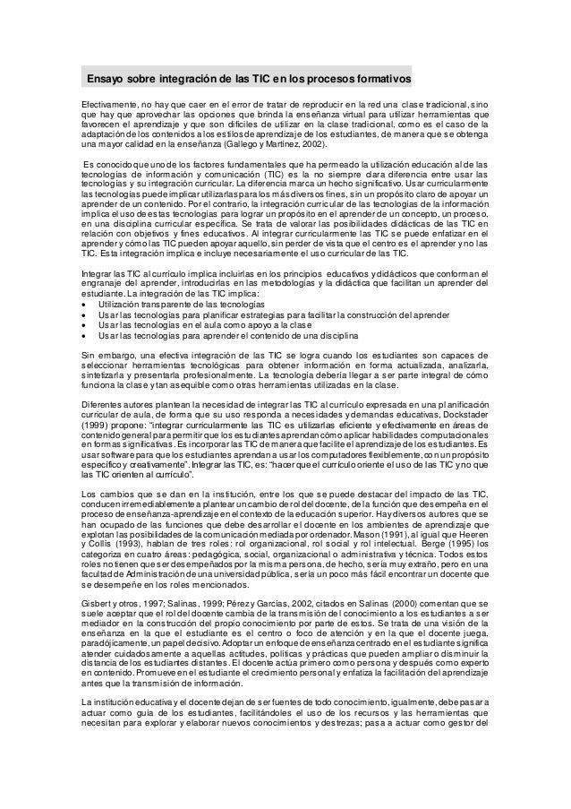 Ensayo sobre integración de las tic en los procesos formativos
