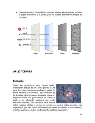 17
 Los neutrones son los que tienen un mayor alcance ya que pueden penetrar
el papel, el aluminio y el plomo, pero no pueden atravesar un bloque de
hormigón.
APLICACIONES
Evolución
Todos los organismos vivos hemos podido
evolucionar atreves de los años gracias a una
serie de mutaciones que se han llevado a cabo de
forma aleatoria y espontánea. Esta evolución se
ha llevado a cabo de manera acelerada ya que en
el planeta existe una gran cantidad de uranio, el
cual es un elemento radiactivo que emite
radiación ionizante. Esta radiación tiene efectos
sobre nuestras células y provoca un cambio en nuestro código genético. Los
organismos que han sufrido mutaciones favorables sobreviven y se multiplican,
mientras que los que sufren cambios desfavorables desaparecen.
 