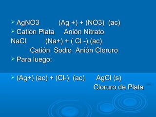  AgNO3        (Ag +) + (NO3) (ac)
 Catión Plata   Anión Nitrato
NaCl       (Na+) + ( Cl -) (ac)
      Catión Sodio Anión Cloruro
 Para luego:


 (Ag+) (ac) + (Cl-)   (ac)    AgCl (s)
                              Cloruro de Plata
 