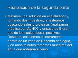 Realización de la segunda parte:
 Metimos una solución en el dializador y,
 tomando dos muestras, la testeamos
 buscando sales y proteínas (realizamos
 práctica con AgNO3 y ensayo de Biuret),
 dos de los cuales fueron positivos.
 Despues, colocamos el instrumento
 dentro de un vaso de Bohemia con agua,
 y en unos minutos tomamos muestras del
 agua que rodeaba al vaso.
 