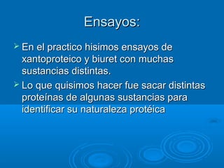 Ensayos:
 En el practico hisimos ensayos de
  xantoproteico y biuret con muchas
  sustancias distintas.
 Lo que quisimos hacer fue sacar distintas
  proteínas de algunas sustancias para
  identificar su naturaleza protéica
 