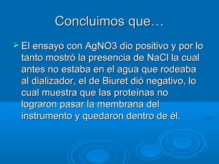 Concluimos que…
 El ensayo con AgNO3 dio positivo y por lo
 tanto mostró la presencia de NaCl la cual
 antes no estaba en el agua que rodeaba
 al dializador, el de Biuret dió negativo, lo
 cual muestra que las proteínas no
 lograron pasar la membrana del
 instrumento y quedaron dentro de él.
 