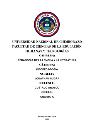 UNIVERSIDAD NACIONAL DE CHIMBORAZO
FACULTAD DE CIENCIAS DE LA EDUCACIÓN,
HUMANAS Y TECNOLOGÍAS
CARRERA:
PEDAGOGÍA DE LA LENGUA Y LA LITERATURA
CÁTEDRA:
INFOPEDAGOGÍA
NOMBRE:
JONATHAN NUGRA
DOCENTE:
GUSTAVO OROZCO
CURSO:
CUARTO A
RIOBAMBA - ECUADOR
2022
 