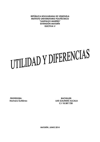 REPÚBLICA BOLIVARIANA DE VENEZUELA
INSTITUTO UNIVERSITARIO POLITÉCNICO
“SANTIAGO MARIÑO”
EXTENSIÓN MATURÍN
ELECTIVA V
PROFESORA: BACHILLER:
Xiomara Gutiérrez LUIS GALINDEZ ALCALA
C.I 18.387.728
MATURÍN, JUNIO 2014
 