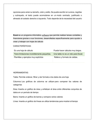 opciones para variar su tamaño, color y estilo. Se puede escribir en cursiva, negritas
y subrayado, el texto puede acomodarse en un modo centrado, justificado o
alineado al costado derecho o izquierdo. Todo depende de la necesidad del usuario
Excel es un programa informático software que permite realizar tareas contables y
financieras gracias a sus funciones, desarrolladas específicamente para ayudar a
crear y trabajar con hojas de cálculo
CARACTERÍSTICAS:
Es una hoja de cálculo Puede hacer cálculos muy largos.
Tiene limitaciones increíblemente pequeñas. Una tabla no es un reto para Excel.
Plantillas y ejemplos muy explícitos Relleno y formato de celdas.
HERRAMIENTAS:
Tabla: Permite ordenar, filtrar y dar formato a los datos de una hoja
Columna: Los gráficos de columna se utilizan para comparar los valores de
categorías
Área: Inserta un gráfico de área y enfatizan el área entre diferentes conjuntos de
datos en un período de tiempo
Barra: Inserta un gráfico de barras y compara varios valores
Línea: Inserta un gráfico de líneas se utiliza tendencias para mostrar el tiempo
 