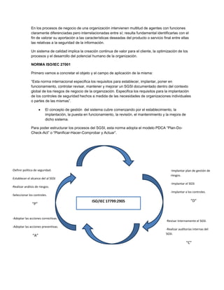 En los procesos de negocio de una organización intervienen multitud de agentes con funciones
               claramente diferenciadas pero interrelacionadas entre sí; resulta fundamental identificarlas con el
               fin de valorar su aportación a las características deseadas del producto o servicio final entre ellas
               las relativas a la seguridad de la información.

               Un sistema de calidad implica la creación continua de valor para el cliente, la optimización de los
               procesos y el desarrollo del potencial humano de la organización.

               NORMA ISO/IEC 27001

               Primero vamos a concretar el objeto y el campo de aplicación de la misma:

               “Esta norma internacional especifica los requisitos para establecer, implantar, poner en
               funcionamiento, controlar revisar, mantener y mejorar un SGSI documentado dentro del contexto
               global de los riesgos de negocio de la organización. Especifica los requisitos para la implantación
               de los controles de seguridad hechos a medida de las necesidades de organizaciones individuales
               o partes de las mismas”.

                          El concepto de gestión del sistema cubre comenzando por el establecimiento, la
                          implantación, la puesta en funcionamiento, la revisión, el mantenimiento y la mejora de
                          dicho sistema.

               Para poder estructurar los procesos del SGSI, esta norma adopta el modelo PDCA “Plan-Do-
               Check-Act” o “Planificar-Hacer-Comprobar y Actuar”.




-Definir política de seguridad.                                                                         -Implantar plan de gestión de
                                                                                                        riesgos.
-Establecer el alcance del al SGSI
                                                                                                        -Implantar el SGSI
-Realizar análisis de riesgos.
                                                                                                        -Implantar a los controles.
-Seleccionar los controles.
                                                      ISO/IEC 17799:2905                                                “D”
                “P”


-Adoptar las acciones correctivas.
                                                                                                     -Revisar Internamente el SGSI.
-Adoptar las acciones preventivas.
                                                                                                     -Realizar auditorías internas del
                                                                                                     SGSI.
                “A”
                                                                                                                    “C”
 