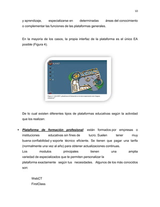 10
y aprendizaje, especializarse en determinadas áreas del conocimiento
o complementar las funciones de las plataformas generales.
En la mayoría de los casos, la propia interfaz de la plataforma es el único EA
posible (Figura 4).
De lo cual existen diferentes tipos de plataformas educativas según la actividad
que los realizan:
 Plataforma de formación profesional: están formados por empresas o
instituciones educativas sin fines de lucro. Suelen tener muy
buena confiabilidad y soporte técnico eficiente. Se tienen que pagar una tarifa
(normalmente una vez al año) para obtener actualizaciones continuas.
Los modulos principales tienen una amplia
variedad de especializados que te permiten personalizar la
plataforma exactamente según tus necesidades. Algunos de los más conocidos
son:
WebCT
FirstClass
 