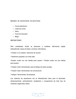 8
Ejemplos de comunicación de asíncronas:
o Correo electrónico
o Listas de correo
o Wikis
o Foros de discusión
o Blogs
REPOSITORIO
Sitio centralizado donde se almacena y mantiene información digital,
habitualmente bases de datos o archivos informáticos.
• Pueden o no contener restricción de acceso
• Gestionan paquetes con meta data
•Pueden contar con una interfaz para usuario • Pueden contar con una interfaz
para usuario.
• Pueden incluir herramientas para el trabajo de redes sociales
• Pueden incluir herramientas de comunicación
• Incluyen herramientas de búsqueda
Los sistemas de repositorios son la infraestructura clave para el desarrollo,
almacenamiento, administración, localización y recuperación de todo tipo de
contenido digital (ADL,2002).
 