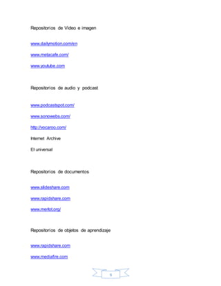 9
Repositorios de Video e imagen
www.dailymotion.com/en
www.metacafe.com/
www.youtube.com
Repositorios de audio y podcast
www.podcastspot.com/
www.sonowebs.com/
http://vocaroo.com/
Internet Archive
El universal
Repositorios de documentos
www.slideshare.com
www.rapidshare.com
www.merlot.org/
Repositorios de objetos de aprendizaje
www.rapidshare.com
www.mediafire.com
 