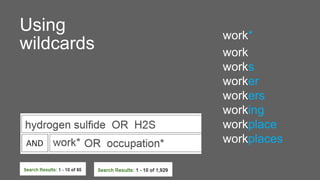 Using
wildcards
hydrogen sulfide
workplace
OR H2S
OR occupation
work*
work
works
worker
workers
working
workplace
workplaces
 