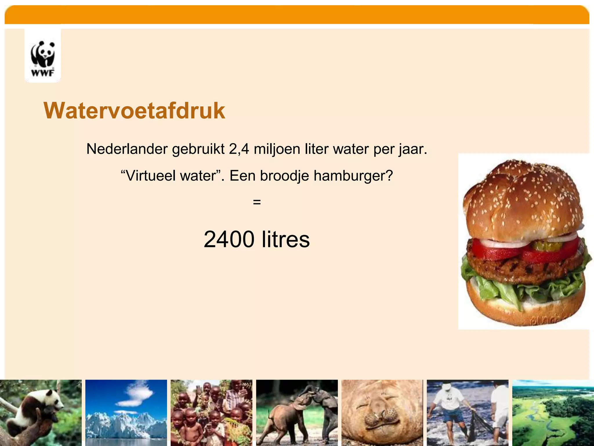 Home   Organisatie   Natuurbescherming   Projecten    Marketing en Communicatie   Contact




   Watervoetafdruk
        Nederlander gebruikt 2,4 miljoen liter water per jaar.
               “Virtueel water”. Een broodje hamburger?
                                    =

                           2400 litres
 
