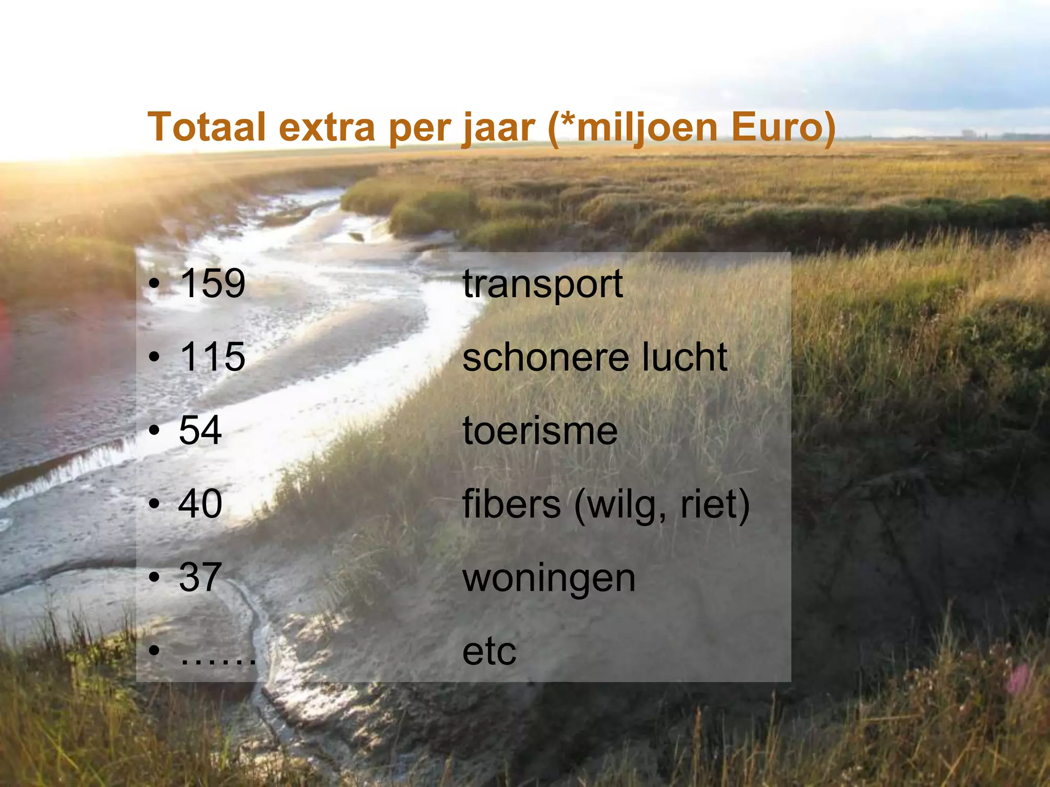 Home   Organisatie   Natuurbescherming         Projecten   Marketing en Communicatie   Contact




       Totaal extra per jaar (*miljoen Euro)


       • 159                             transport
       • 115                             schonere lucht
       • 54                              toerisme
       • 40                              fibers (wilg, riet)
       • 37                              woningen
       • ……                              etc
 