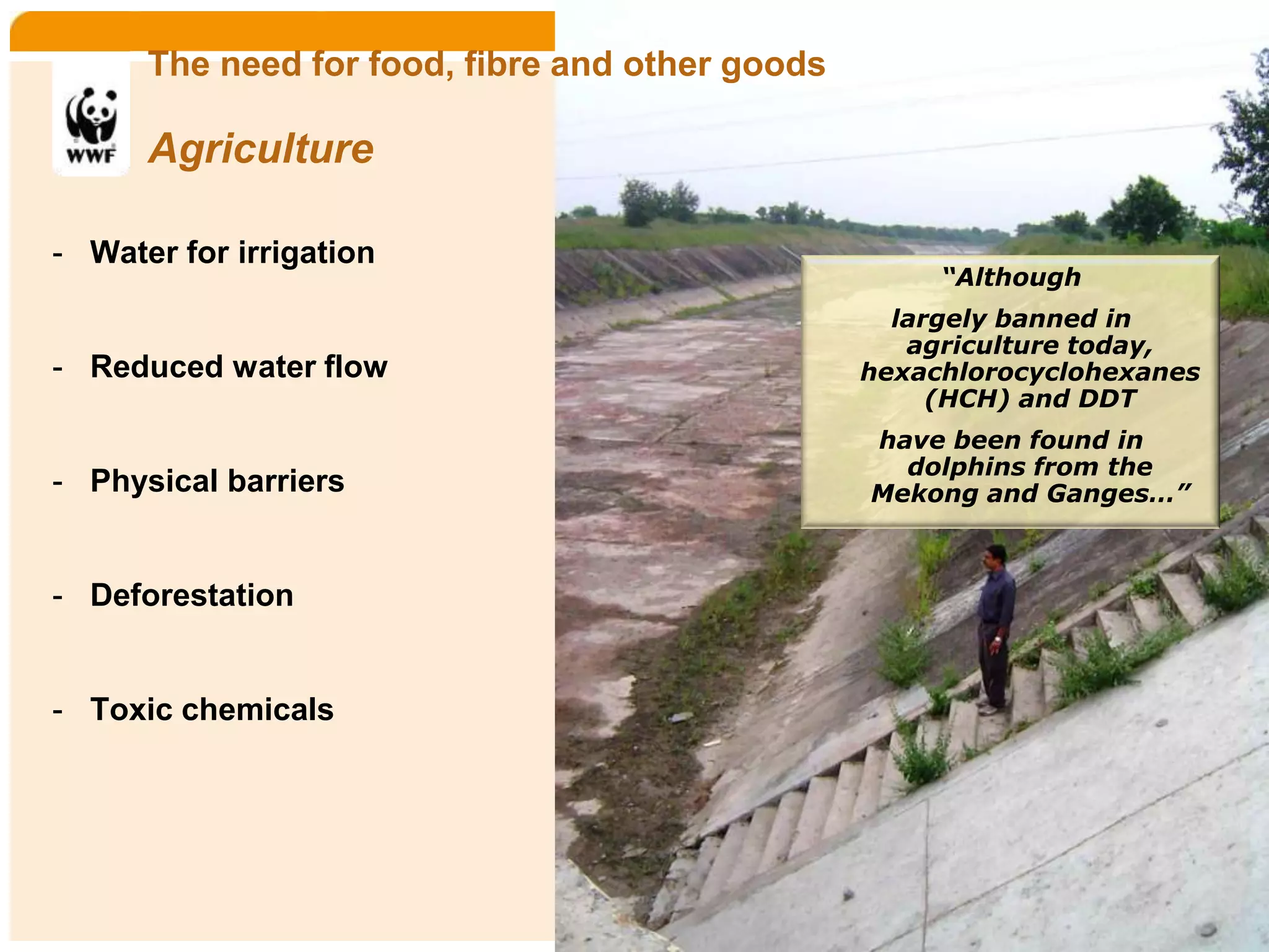 Home    Organisatie   Natuurbescherming   Projecten   Marketing en Communicatie   Contact
       The need for food, fibre and other goods

       Agriculture

- Water for irrigation
                                                                 “Although
                                                            largely banned in
                                                             agriculture today,
- Reduced water flow                                      hexachlorocyclohexanes
                                                               (HCH) and DDT
                                                           have been found in
                                                             dolphins from the
- Physical barriers                                        Mekong and Ganges…”



- Deforestation


- Toxic chemicals
 