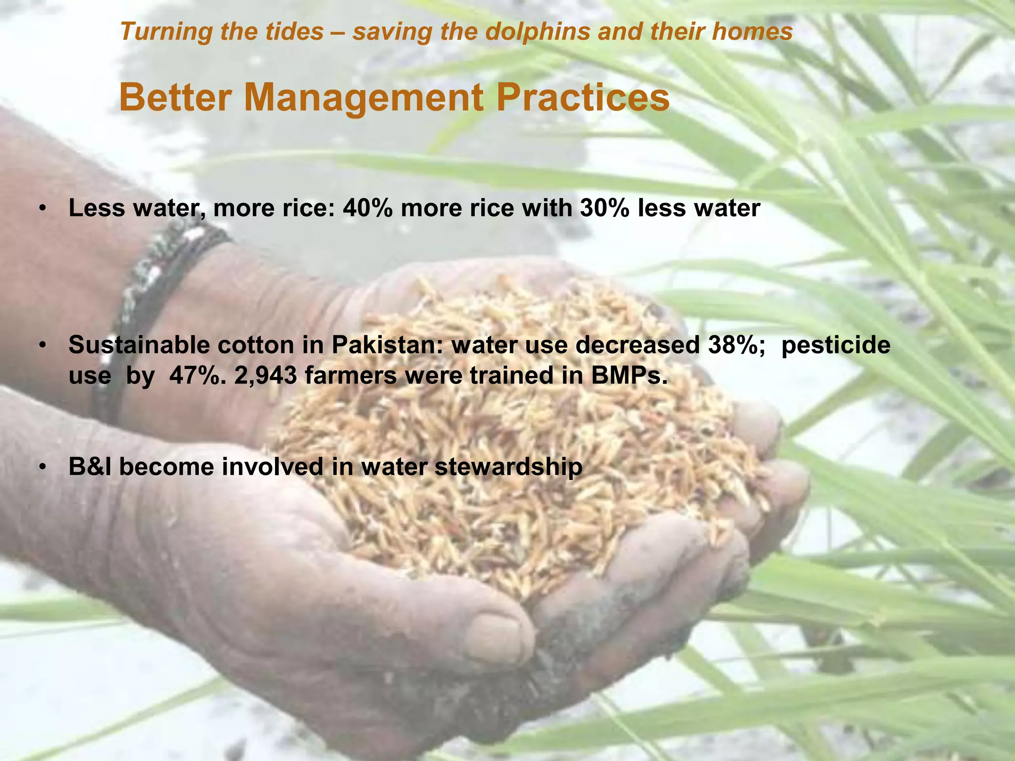 Home   Turning the tides – saving the dolphins and Marketing en Communicatie
        Organisatie  Natuurbescherming Projecten   their homes                 Contact



       Better Management Practices

• Less water, more rice: 40% more rice with 30% less water




• Sustainable cotton in Pakistan: water use decreased 38%; pesticide
  use by 47%. 2,943 farmers were trained in BMPs.


• B&I become involved in water stewardship
 
