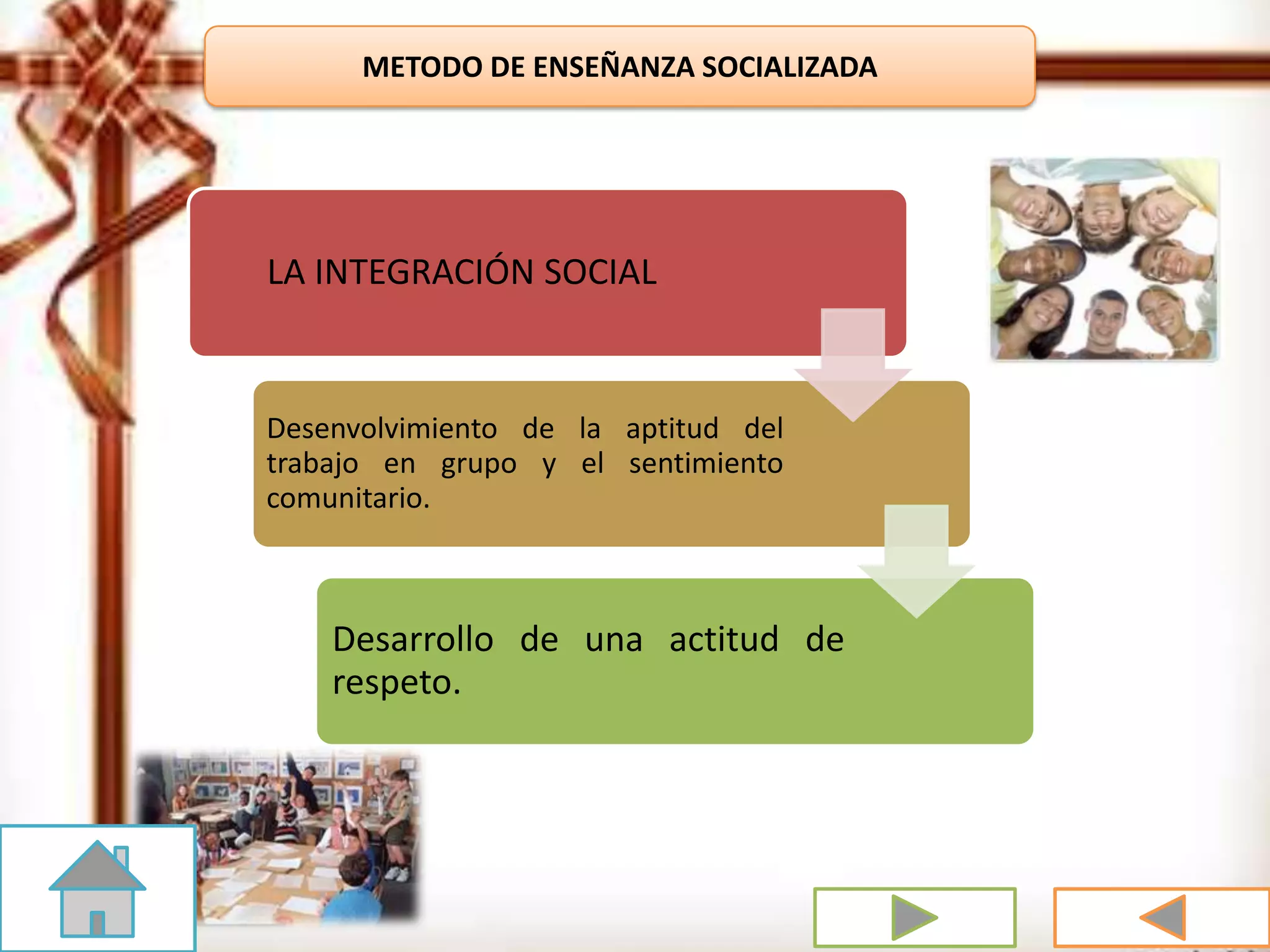METODO DE ENSEÑANZA SOCIALIZADA
LA INTEGRACIÓN SOCIAL
Desenvolvimiento de la aptitud del
trabajo en grupo y el sentimiento
comunitario.
Desarrollo de una actitud de
respeto.
 