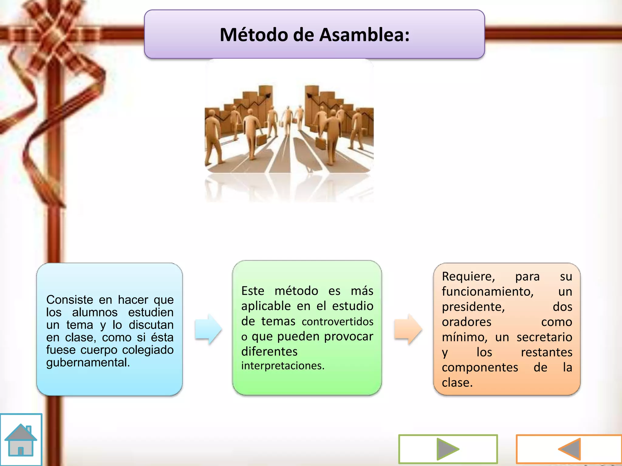 Consiste en hacer que
los alumnos estudien
un tema y lo discutan
en clase, como si ésta
fuese cuerpo colegiado
gubernamental.
Este método es más
aplicable en el estudio
de temas controvertidos
o que pueden provocar
diferentes
interpretaciones.
Requiere, para su
funcionamiento, un
presidente, dos
oradores como
mínimo, un secretario
y los restantes
componentes de la
clase.
Método de Asamblea:
 