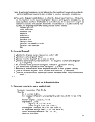 27
Hable de varios de los pasajes mencionados arriba (la creación del mundo, etc.), contando
las historias bíblicas brevemente para enfatizar el papel de los ángeles en cada una.
Corte ángeles de papel y escóndalos en el aula antes de que lleguen los niños. A la cuenta
de tres, los niños pueden buscar los ángeles y después leer lo que dice en cada uno. En
cada ángel está escrito un detalle sobre el cual usted va a dar una explicación (según las
cosas mencionadas en la sección, “Elementos importantes que se pueden incluir”). Por
ejemplo, los ángeles pueden tener estas palabras escritas en ellos:
Creados por Dios
Viven en el cielo
Poder de Dios
Espíritus
Masculinos
Inteligentes
Adoran a Dios
Servían a Jesús
Llevaban mensajes importantes
Protegen a los creyentes
Etc.
3. Juego de Repaso X
1. ¿Existen los ángeles, aunque no podemos verlos? (Sí)
2. ¿Quién creó a los ángeles? (Dios)
3. ¿Dónde viven los ángeles? (En el cielo con Dios)
4. ¿Quiénes tienen el privilegio de la salvación—los creyentes en Cristo o los ángeles?
(Los creyentes)
5. En la Biblia a veces aparecían los ángeles vestidos de ¿qué color? (blanco)
6. ¿De dónde viene el poder que tienen los ángeles? (De Dios)
7. Mencione el nombre de uno de los ángeles buenos en la Biblia. (Miguel, Gabriel)
8. ¿Qué le hacían los ángeles a Jesús después de su tentación? (Le servían.)
9. ¿Por qué no necesitamos a ángeles para darnos mensajes ahora? (Porque tenemos la
Biblia.)
Etc.
Doctrina de Ángeles Caídos
1. Elementos importantes que se pueden incluir:
Versículos importantes: I Ped. 5:6-9a
Satanás:
Es el enemigo de Dios.
Fue creado por Dios como un ángel bonito y sabio (Eze. 28:13, 15; Isa. 14:12-
20).
Nombre original: Lucero (Isa. 14:12)
El pecado de Lucero:
Orgullo (I Tim. 3:6; Eze. 28:17)
Quería ser igual a Dios (Isa. 14:13-14)
El castigo de Lucero (Isa. 14:15-17; Eze. 28:17-19)
Es engañador; es ángel de luz (II Cor. 2:11; II Cor. 4:4).
Acusa al creyente delante de Dios (Job 2:1-7).
Nombres en la Biblia:
 