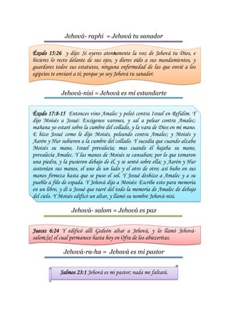 4
Jehová- raphi = Jehová tu sanador
Éxodo 15:26 y dijo: Si oyeres atentamente la voz de Jehová tu Dios, e
hicieres lo recto delante de sus ojos, y dieres oído a sus mandamientos, y
guardares todos sus estatutos, ninguna enfermedad de las que envié a los
egipcios te enviaré a ti; porque yo soy Jehová tu sanador.
Jehová-nisi = Jehová es mi estandarte
Éxodo 17:8-15 Entonces vino Amalec y peleó contra Israel en Refidim. Y
dijo Moisés a Josué: Escógenos varones, y sal a pelear contra Amalec;
mañana yo estaré sobre la cumbre del collado, y la vara de Dios en mi mano.
E hizo Josué como le dijo Moisés, peleando contra Amalec; y Moisés y
Aarón y Hur subieron a la cumbre del collado. Y sucedía que cuando alzaba
Moisés su mano, Israel prevalecía; mas cuando él bajaba su mano,
prevalecía Amalec. Y las manos de Moisés se cansaban; por lo que tomaron
una piedra, y la pusieron debajo de él, y se sentó sobre ella; y Aarón y Hur
sostenían sus manos, el uno de un lado y el otro de otro; así hubo en sus
manos firmeza hasta que se puso el sol. Y Josué deshizo a Amalec y a su
pueblo a filo de espada. Y Jehová dijo a Moisés: Escribe esto para memoria
en un libro, y dí a Josué que raeré del todo la memoria de Amalec de debajo
del cielo. Y Moisés edificó un altar, y llamó su nombre Jehová-nisi.
Jehová- salom = Jehová es paz
Jueces 6:24 Y edificó allí Gedeón altar a Jehová, y lo llamó Jehová-
salom;[a] el cual permanece hasta hoy en Ofra de los abiezeritas.
Jehová-ra-ha = Jehová es mi pastor
Salmos 23:1 Jehová es mi pastor; nada me faltará.
 