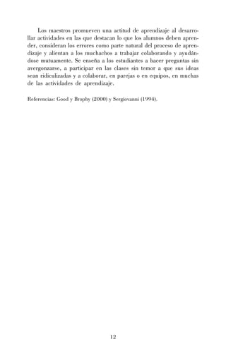 Los maestros promueven una actitud de aprendizaje al desarrollar actividades en las que destacan lo que los alumnos deben aprender, consideran los errores como parte natural del proceso de aprendizaje y alientan a los muchachos a trabajar colaborando y ayudándose mutuamente. Se enseña a los estudiantes a hacer preguntas sin
avergonzarse, a participar en las clases sin temor a que sus ideas
sean ridiculizadas y a colaborar, en parejas o en equipos, en muchas
de las actividades de aprendizaje.
Referencias: Good y Brophy (2000) y Sergiovanni (1994).

12

 