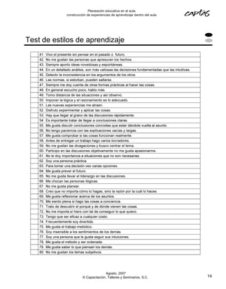 Planeación educativa en el aula
            construcción de experiencias de aprendizaje dentro del aula




Test de estilos de aprendizaje




                                    Agosto, 2007
                      © Capacitación, Talleres y Seminarios, S.C.         14
 