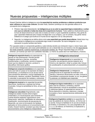 Planeación educativa en el aula
                              construcción de experiencias de aprendizaje dentro del aula




  Nuevas propuestas – inteligencias múltiples
 Howard Gardner define la inteligencia como la capacidad de resolver problemas o elaborar productos que
 sean valiosos en una o más culturas. De este modo, Gardner contribuye con dos grandes saltos en la
 concepción de la inteligencia:
     •   Primero: bajo esta interpretación, la inteligencia ya no es sólo la capacidad lógico-matemática o verbal,
         sino que se extiende a todas las áreas de la experiencia humana. Todos sabemos intuitivamente que a
         la hora de desenvolvernos en esta vida no basta con tener un gran expediente académico. Hay gente de
         gran capacidad intelectual pero incapaz de elegir bien a sus amigos y, por el contrario, hay gente menos
         brillante en el colegio que triunfa en el mundo de los negocios o en su vida personal.
     •   Segundo: La inteligencia se define ahora como una capacidad que puede desarrollarse. Hasta hace muy
         poco tiempo la inteligencia se consideraba algo innato e inamovible. Se nacía inteligente o no, y la
         educación no podía cambiar ese hecho.
 Por supuesto existe un componente genético y cada individuo tendrá una inclinación mayor o menor hacia cada
 una de estas inteligencias; pero esas potencialidades se van a desarrollar de una manera o de otra dependiendo
 del medio ambiente, nuestras experiencias, la educación recibida, etc. Ningún deportista llega a la cima sin
 entrenar, por buenas que sean sus cualidades naturales. Lo mismo se puede decir de matemáticos y músicos.

Inteligencia espacial-visual es la capacidad de                              Inteligencia emocional
pensar en tres dimensiones. Permite percibir
imágenes externas e internas, recrearlas,                       Inteligencia intrapersonal es la capacidad de
transformarlas o modificarlas, recorrer el espacio o            construir una percepción precisa respecto de sí
hacer que los objetos lo recorran y producir o                  mismo y de organizar y dirigir su propia vida. Incluye
decodificar información gráfica.                                la autodisciplina, la autocomprensión y la autoestima.

Inteligencia corporal-cinestésica es la capacidad
para usar todo el cuerpo en la expresión de ideas y             Inteligencia interpersonal. La inteligencia
sentimientos, y la facilidad en el uso de las manos             interpersonal es la capacidad de entender a los
para transformar elementos. Incluye habilidades de              demás e interactuar eficazmente con ellos. Incluye la
coordinación, destreza, equilibrio, flexibilidad, fuerza        sensibilidad a expresiones faciales, la voz, los gestos
y velocidad, la percepción de medidas y volúmenes.              y posturas y la habilidad para responder.

Inteligencia musical es la capacidad de percibir,
discriminar, transformar y expresar las formas                 Inteligencia lógico-matemática es la capacidad
musicales. Incluye la sensibilidad al ritmo, al tono y al      para usar los números y símbolos y razonar
timbre.                                                        adecuadamente. Incluye la sensibilidad a esquemas
                                                               y relaciones lógicas; la capacidad de razonar de
Inteligencia naturalista Originalmente, esta                   forma deductiva e inductiva, relacionar y manejar
inteligencia estaba incluida entre la lógico-                  conceptos y hacer representaciones abstractas de la
matemática y la visual-espacial; pero tomando en               realidad.
cuenta diversos aspectos cognoscitivos como
observación, selección, habilidades de ordenación y            Inteligencia lingüístico-verbal es la capacidad de
clasificación, reconocimiento de secuencias de                 usar las palabras de manera efectiva , en forma oral
desarrollo, así como la formulación de hipótesis,              o escrita. Incluye la habilidad en el uso de la sintaxis,
aplicados en forma práctica en el conocimiento del             la fonética, la semántica y los usos pragmáticos del
medio, Howard Gardner consideró que ésta merecía               lenguaje (la retórica, la mnemónica, la explicación y
reconocimiento como inteligencia independiente.                el metalenguaje).



                                                      Agosto, 2007
                                        © Capacitación, Talleres y Seminarios, S.C.                                        16
 