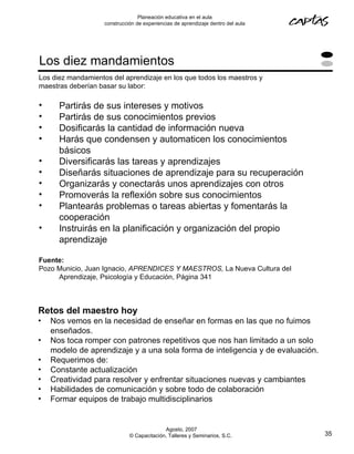 Planeación educativa en el aula
                    construcción de experiencias de aprendizaje dentro del aula




Los diez mandamientos
Los diez mandamientos del aprendizaje en los que todos los maestros y
maestras deberían basar su labor:

•     Partirás de sus intereses y motivos
•     Partirás de sus conocimientos previos
•     Dosificarás la cantidad de información nueva
•     Harás que condensen y automaticen los conocimientos
      básicos
•     Diversificarás las tareas y aprendizajes
•     Diseñarás situaciones de aprendizaje para su recuperación
•     Organizarás y conectarás unos aprendizajes con otros
•     Promoverás la reflexión sobre sus conocimientos
•     Plantearás problemas o tareas abiertas y fomentarás la
      cooperación
•     Instruirás en la planificación y organización del propio
      aprendizaje

Fuente:
Pozo Municio, Juan Ignacio, APRENDICES Y MAESTROS, La Nueva Cultura del
     Aprendizaje, Psicología y Educación, Página 341



Retos del maestro hoy
•   Nos vemos en la necesidad de enseñar en formas en las que no fuimos
    enseñados.
•   Nos toca romper con patrones repetitivos que nos han limitado a un solo
    modelo de aprendizaje y a una sola forma de inteligencia y de evaluación.
•   Requerimos de:
•   Constante actualización
•   Creatividad para resolver y enfrentar situaciones nuevas y cambiantes
•   Habilidades de comunicación y sobre todo de colaboración
•   Formar equipos de trabajo multidisciplinarios


                                            Agosto, 2007
                              © Capacitación, Talleres y Seminarios, S.C.         35
 