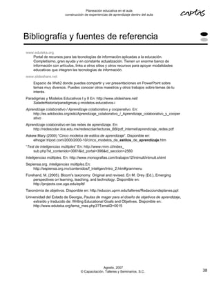 Planeación educativa en el aula
                        construcción de experiencias de aprendizaje dentro del aula




Bibliografía y fuentes de referencia
www.eduteka.org
   Portal de recursos para las tecnologías de información aplicadas a la educación.
   Completísimo, gran ayuda y en constante actualización. Tienen un enorme banco de
   información con artículos, links a otros sitios y otros recursos para apoyar modalidades
   educativas que integren las tecnologías de información.
www.slideshare.net
    Espacio de Web2 donde puedes compartir y ver presentaciones en PowerPoint sobre
    temas muy diversos. Puedes conocer otros maestros y otros trabajos sobre temas de tu
    interés.
Paradigmas y Modelos Educativos I y II En: http://www.slideshare.net/
    SaladeHistoria/paradigmas-y-modelos-educativos-i
Aprendizaje colaborativo / Aprendizaje colaborativo y cooperativo. En:
    http://es.wikibooks.org/wiki/Aprendizaje_colaborativo_/_Aprendizaje_colaborativo_y_cooper
    ativo
Aprendizaje colaborativo en las redes de aprendizaje. En:
    http://redescolar.ilce.edu.mx/redescolar/lecturas_BB/pdf_internet/aprendizaje_redes.pdf
Askew Mary (2000) “Cinco modelos de estilos de aprendizaje”. Disponible en:
    elhogar.tripod.com/2000/2000-10/cinco_modelos_de_estilos_de_aprendizaje.htm
“Test de inteligencias múltiples” En: http://www.rmm.cl/index_
    sub.php?id_contenido=3061&id_portal=396&id_seccion=2560
Inteligencias múltiples. En: http://www.monografias.com/trabajos12/intmult/intmult.shtml
Sepiensa.org. Inteligencias múltiples.En:
    http://sepiensa.org.mx/contenidos/f_inteligen/intro_2.htm#granmenu
Forehand, M. (2005). Bloom's taxonomy: Original and revised. En M. Orey (Ed.), Emerging
    perspectives on learning, teaching, and technology. Disponible en:
    http://projects.coe.uga.edu/epltt/
Taxonómía de objetivos. Disponible en: http://educon.uprm.edu/talleres/Redacciondeplanes.ppt
Universidad del Estado de Georgia, Pautas de mager para el diseño de objetivos de aprendizaje,
    extraído y traducido de: Writing Educational Goals and Objetives. Disponible en:
    http://www.eduteka.org/tema_mes.php3?TemaID=0015




                                                Agosto, 2007
                                  © Capacitación, Talleres y Seminarios, S.C.                    38
 