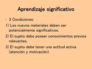 Aprendizaje significativo
• 3 Condiciones:
1) Los nuevos materiales deben ser
potencialmente significativos.
2) El sujeto debe poseer conocimientos previos
relevantes.
3) El sujeto debe tener una actitud activa
(atención y motivación).
 