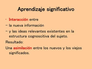 Aprendizaje significativo
• Interacción entre
- la nueva información
- y las ideas relevantes existentes en la
estructura cognoscitiva del sujeto.
Resultado:
Una asimilación entre los nuevos y los viejos
significados.
 