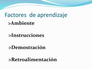 Factores de aprendizaje
>Ambiente
>Instrucciones
>Demostración
>Retroalimentación
 