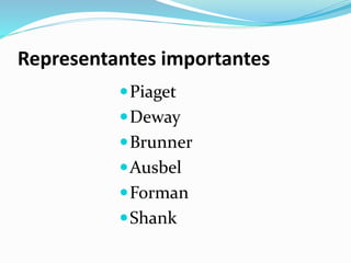 Representantes importantes
Piaget
Deway
Brunner
Ausbel
Forman
Shank
 