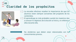Claridad de los propósitos
La escuelas efectivas resaltan la importancia de que los
alumnos esten siempre concientes del propósito de los
contenidos.
El aprendizaje es más probable cuando los maestros dan
a conocer lo objetivos de la lección al inicio y re refieren a
ellos durante ella.
No olvidemos que deben estar relacionados con los
conocimientos previos.
02
 