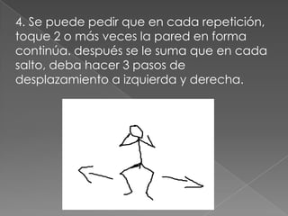 4. Se puede pedir que en cada repetición,
toque 2 o más veces la pared en forma
continúa. después se le suma que en cada
salto, deba hacer 3 pasos de
desplazamiento a izquierda y derecha.
 