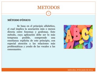 METODOS
miércoles, 18 de junio de 2014
7
MÉTODO FÓNICO
Se basa en el principio alfabético,
el cual implica la asociación más o menos
directa entre fonemas y grafemas. Este
método, cuya aplicación debe ser lo más
temprana posible, comprende una
enseñanza explícita de este principio, con
especial atención a las relaciones más
problemáticas y yendo de las vocales a las
consonantes.
 