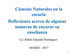Reflexiones acerca de algunas
maneras de encarar su
enseñanza
Lic. Rubén Eduardo Domínguez
Ciencias Naturales en la
escuela
MARZO - 2017
1
 