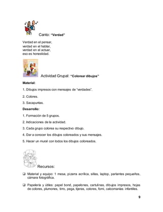 9
Canto: “Verdad”
Verdad en el pensar,
verdad en el hablar,
verdad en el actuar,
eso es honestidad.
Actividad Grupal: “Colorear dibujos”
Material:
1. Dibujos impresos con mensajes de “verdades”.
2. Colores.
3. Sacapuntas.
Desarrollo:
1. Formación de 5 grupos.
2. Indicaciones de la actividad.
3. Cada grupo colorea su respectivo dibujo.
4. Dar a conocer los dibujos coloreados y sus mensajes.
5. Hacer un mural con todos los dibujos coloreados.
Recursos:
 Material y equipo: 1 mesa, pizarra acrílica, sillas, laptop, parlantes pequeños,
cámara fotográfica.
 Papelería y útiles: papel bond, papelones, cartulinas, dibujos impresos, hojas
de colores, plumones, tirro, pega, tijeras, colores, fomi, calcomanías infantiles.
 
