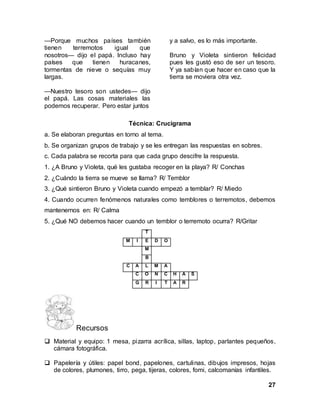 27
—Porque muchos países también
tienen terremotos igual que
nosotros— dijo el papá. Incluso hay
países que tienen huracanes,
tormentas de nieve o sequías muy
largas.
—Nuestro tesoro son ustedes— dijo
el papá. Las cosas materiales las
podemos recuperar. Pero estar juntos
y a salvo, es lo más importante.
Bruno y Violeta sintieron felicidad
pues les gustó eso de ser un tesoro.
Y ya sabían que hacer en caso que la
tierra se moviera otra vez.
Técnica: Crucigrama
a. Se elaboran preguntas en torno al tema.
b. Se organizan grupos de trabajo y se les entregan las respuestas en sobres.
c. Cada palabra se recorta para que cada grupo descifre la respuesta.
1. ¿A Bruno y Violeta, qué les gustaba recoger en la playa? R/ Conchas
2. ¿Cuándo la tierra se mueve se llama? R/ Temblor
3. ¿Qué sintieron Bruno y Violeta cuando empezó a temblar? R/ Miedo
4. Cuando ocurren fenómenos naturales como temblores o terremotos, debemos
mantenernos en: R/ Calma
5. ¿Qué NO debemos hacer cuando un temblor o terremoto ocurra? R/Gritar
Recursos
 Material y equipo: 1 mesa, pizarra acrílica, sillas, laptop, parlantes pequeños,
cámara fotográfica.
 Papelería y útiles: papel bond, papelones, cartulinas, dibujos impresos, hojas
de colores, plumones, tirro, pega, tijeras, colores, fomi, calcomanías infantiles.
T
M I E D O
M
B
C A L M A
C O N C H A S
G R I T A R
 