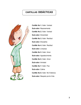 2
Cartilla No 1. Valor: Verdad
Sub-valor: Razonamiento
Cartilla No 2. Valor: Verdad
Sub-valor: Sinceridad
Cartilla No 3. Valor: Rectitud
Sub-valor: Disciplina
Cartilla No 4. Valor: Rectitud
Sub-valor: Limpieza
Cartilla No 5. Valor: Amor
Sub-valor: Agradecimiento
Cartilla No 6. Valor: Amor
Sub-valor: Amistad
Cartilla No 7. Valor: Paz
Sub-valor: Calma
Cartilla No 8. Valor: No Violencia
Sub-valor: Respeto por la Vida
CARTILLAS DIDÁCTICAS
 