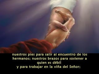 nuestros pies para salir al encuentro de los
hermanos; nuestros brazos para sostener a
quien es débil
y para trabajar en la viña del Señor; 

 