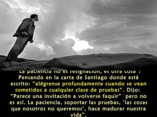 “La paciencia no es resignación, es otra cosa”:
Pensando en la carta de Santiago donde está
escrito: “alégrense profundamente cuando se vean
sometidos a cualquier clase de pruebas”. Dijo:
“Parece una invitación a volverse faquir” pero no
es así. La paciencia, soportar las pruebas, ‘las cosas
que nosotros no queremos’, hace madurar nuestra
vida”.

 
