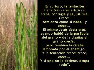 Es curioso, la tentación
tiene tres características:
crece, contagia y se justifica.
Crece:
comienza como si nada, y
crece…
El mismo Jesús decía esto,
cuando habló de la parábola
del grano y de la cizaña: el
grano crecía,
pero también la cizaña
sembrada por el enemigo.
Y la tentación crece: crece,
crece…
Y si uno no la detiene, ocupa
todo”.

 