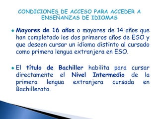 Mayores de 16 años o mayores de 14 años que
han completado los dos primeros años de ESO y
que deseen cursar un idioma distinto al cursado
como primera lengua extranjera en ESO.

El título de Bachiller habilita para cursar
directamente el Nivel Intermedio de la
primera    lengua extranjera    cursada  en
Bachillerato.
 
